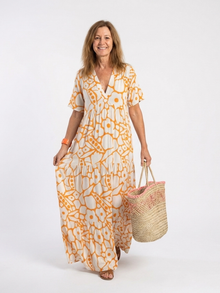 Zuleika | Kurzärmliges V-Ausschnitt Blumen-Midi-Kleid – Orange