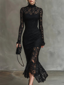 Veronika | Damen Spitzen Maxikleid Schwarz Elegant Feminin – Schwarz