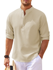 William | Nadelstreifen-Henley-Hemd mit Stehkragen und Knopfleiste – Khaki