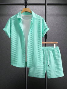 Modernes Herren-Set mit 3D-Waffelstruktur | Hemd & Shorts – Mintgrün