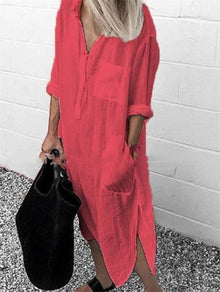 Emma - Lässiges Oversized Button-Down-Hemdkleid für Damen | Minimalistisches Hemdblusenkleid mit langen Ärmeln und Taschen – Rot