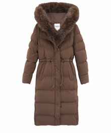 Damen Wintermantel | Lange Steppjacke | Warm Gefüttert | Kapuze mit Imitationsfell – Braun