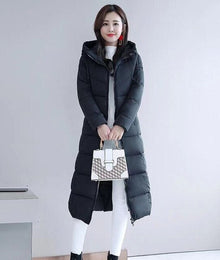 Lässiger Moderner Langer Warmer Daunenmantel mit Kapuze für Damen | Ideal für den Winter – Schwarz