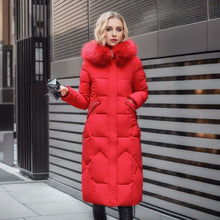 Eleganter Stylischer Langer Warmer Daunenmantel mit Fellbesatz für Damen | Ideal für den Winter – Rot