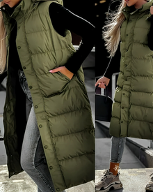 Stylischer Ärmelloser Kapuzen Langer Daunenmantel für Damen | Ideal für den Winter – Grün
