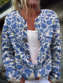 Florale Strickjacke mit elegantem Schnitt – Blau