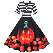 Damen Halloween-Kleid mit Kürbis-Print | Gestreiftes Oberteil & Midi-Länge – Schwarz