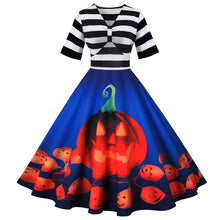 Damen Halloween-Kleid mit Kürbis-Print | Gestreiftes Oberteil & Midi-Länge – Blau