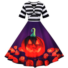 Damen Halloween-Kleid mit Kürbis-Print | Gestreiftes Oberteil & Midi-Länge – Violett