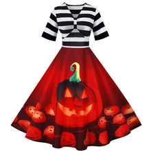 Damen Halloween-Kleid mit Kürbis-Print | Gestreiftes Oberteil & Midi-Länge – Rot