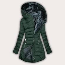 Warme Damen Daunenjacke mit Fellkapuze – Dunkelgrün