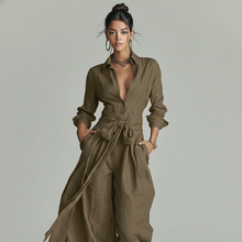 Ingeborg | Damen Jumpsuit Leinen Gürtel Hemdkragen – Leinen Overall Gürtel 2026 – Kaltes Braun