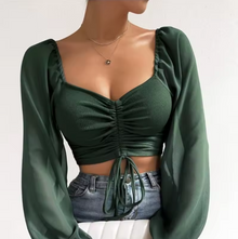Elegantes Crop-Top | Transparente Ärmel & Raffung | Feminin & Modern – Grün