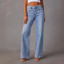 Damen High Waist Weitbein Jeans mit V Naht – Blau