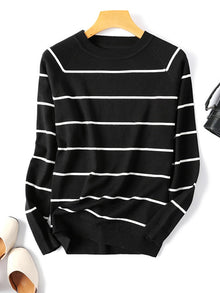 Übergroßer Gestreifter Strickpullover Mit Rundhalsausschnitt Für Damen | Ideal für den Winter – Schwarz 1