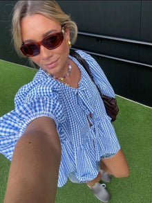 Damen Sommer-Top mit Puffärmeln – Gestreift, Leicht & Trendy – Blau