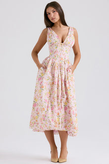 Elodie | Drapiert Hochzeitsgastkleid – Rosa Blumenmuster