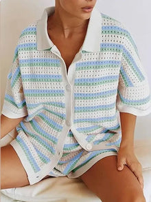 Pauline | Zweiteiliges Strick-Set mit Hemd & Shorts – Blau