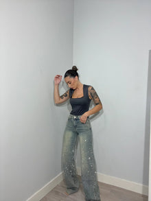 Gerade Damenjeans mit hoher Taille aus Baumwolle im Vintage-Look – Blau