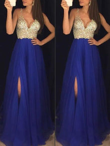 Elegantes langes Kleid mit funkelndem Paillettenschlitz und fließendem V-Ausschnitt – Saphirblau