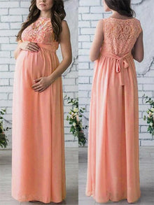 Elegantes Umstandskleid aus Spitze mit Gürtel, ärmellos – Rosa