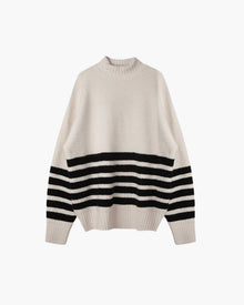 Emily | Hoher Hals Schwarze Streifen Übergröße Strickpullover – Creme