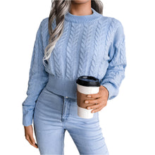 Stilvoller Kurzer Bedruckter und Zopfmuster Strickpullover für Damen | Ideal für den Winter – Hellblau