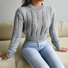 Stilvoller Kurzer Bedruckter und Zopfmuster Strickpullover für Damen | Ideal für den Winter – Hellgrau