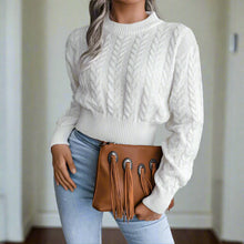 Stilvoller Kurzer Bedruckter und Zopfmuster Strickpullover für Damen | Ideal für den Winter – Weiß
