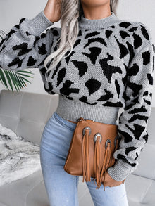 Stilvoller Kurzer Bedruckter und Zopfmuster Strickpullover für Damen | Ideal für den Winter – Grau