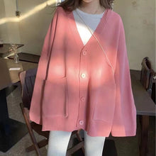 Übergroßer Damen Pullover mit V-Ausschnitt und Knopfleiste - Lässiger Strick – Rosa
