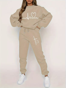 Bequemer Damen Jogginganzug für Herbst und Winter mit Rundhals-Pullover – Khaki