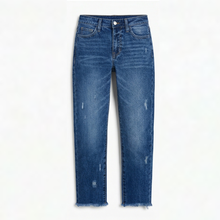 Vivara™ – Vintage-inspirierte, cropped Straight Leg Jeans mit Fransen – Dunkelblau