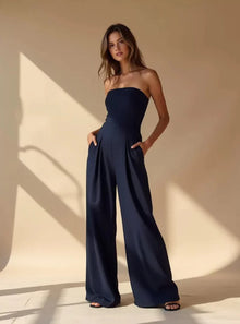 Damen Jumpsuit ohne Träger – Dunkelblau & Elegant mit weitem Bein – Marine Blau