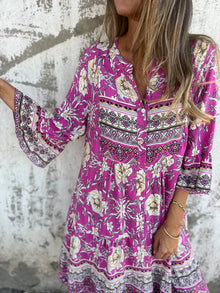 Boho-Kleid mit Muster-Mix | A-Linie | Eingrifftaschen – Lila