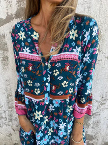Boho-Kleid mit Muster-Mix | A-Linie | Eingrifftaschen – Marineblau