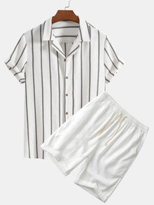 Klassisches Herren Sommer-Set mit Streifen | Hemd & Shorts – Weiß