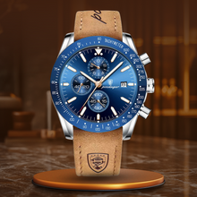van Baerle® - Strahlendes Datum Chronograph Uhr – Zilver Blauw (Leren band)