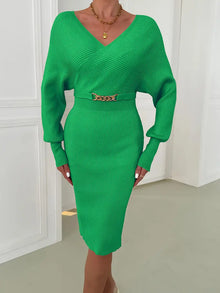 Damen Midikleid mit V-Ausschnitt und langen Ärmeln für Herbst und Winter – Grün