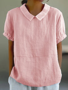 Damen-Leinenbluse mit Bubikragen, Kurzarm, atmungsaktiv – Rosa