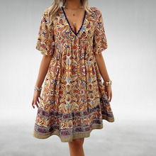 Kurzkleid im Boho-Stil mit V-Ausschnitt und Ethno-Muster – Gelb