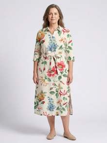 Maribel | Knopf-Front Halbarm Blumen-Midi-Kleid – Blumen