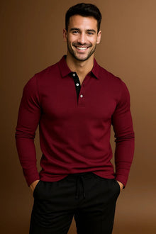 Spencer | Langarm Gerippte Bündchen Poloshirt – Wine Rot