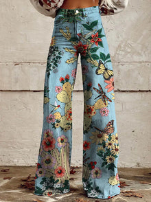Bequeme Damen Palazzo-Hose mit floralem Muster – Blauer Wald