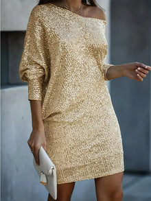 Elegantes Damen-Partykleid mit Pailletten-Kontrast – Gold