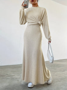Elegantes Damen-Set: Langärmliges Oberteil mit Rundhals und Maxi-Kleid für Herbst und Winter – Beige