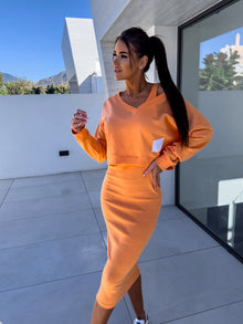 Damen Pullover und Kleid Zweiteiler Set – Orange