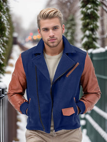 Herren elegante Bikerjacke mit kontrastierenden Ärmeln Aliams – Dunkelblau