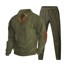 Herren nan strukturiertes Strick-Loungewear-Set mit halber Knopfleiste, kontrastreichen Ellbogenpatches und elastischem Tunnelzug-Jogger Drune – Olivgrün