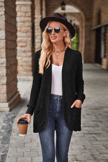 Damen nan langer gerippter Cardigan mit aufgesetzten Taschen und offener Front Drune – Schwarz